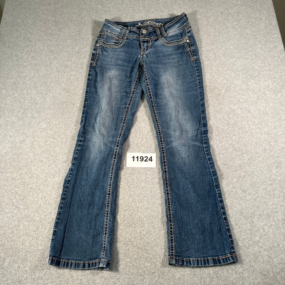 WallFlower Bootcut Jeans Women 7 Blue Denim Ramie Cotton Medium Wash Embroidered